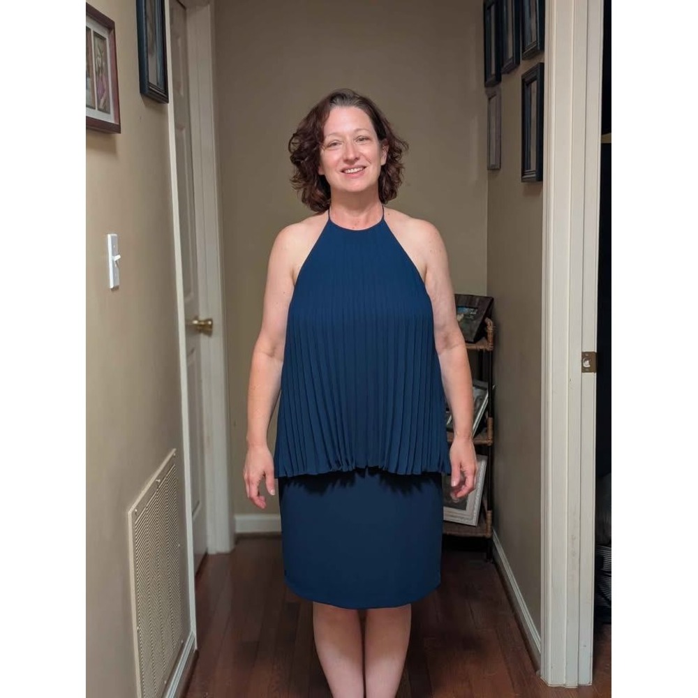 Halston Blue Pleated Overlay Halter Cocktail Dress Size 12
